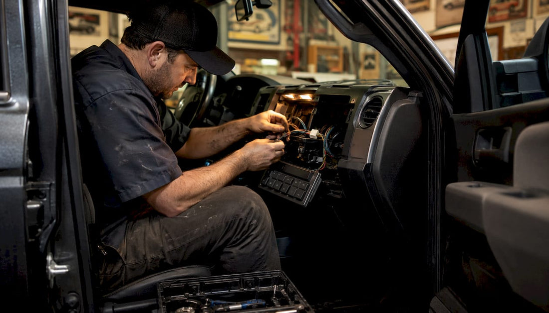 Mechanic installing truck auxiliary light switch panel