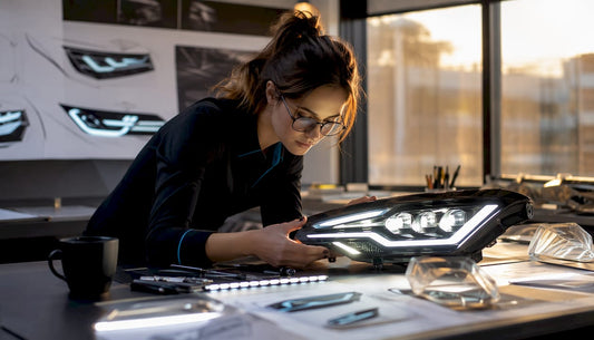 Automotive designer inspecting LED vehicle lighting