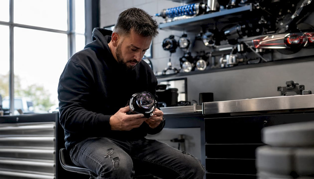 Man inspecting aftermarket LED headlight in garage