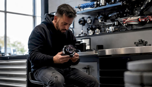 Man inspecting aftermarket LED headlight in garage