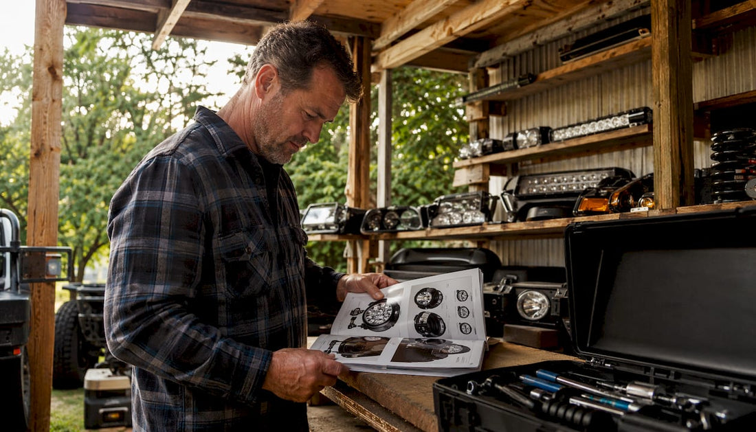 Man reviewing truck lighting catalog in garage