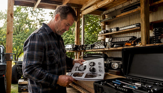 Man reviewing truck lighting catalog in garage