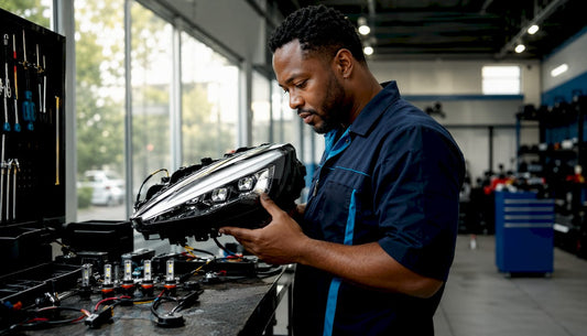 Technician examining vehicle LED headlight assembly