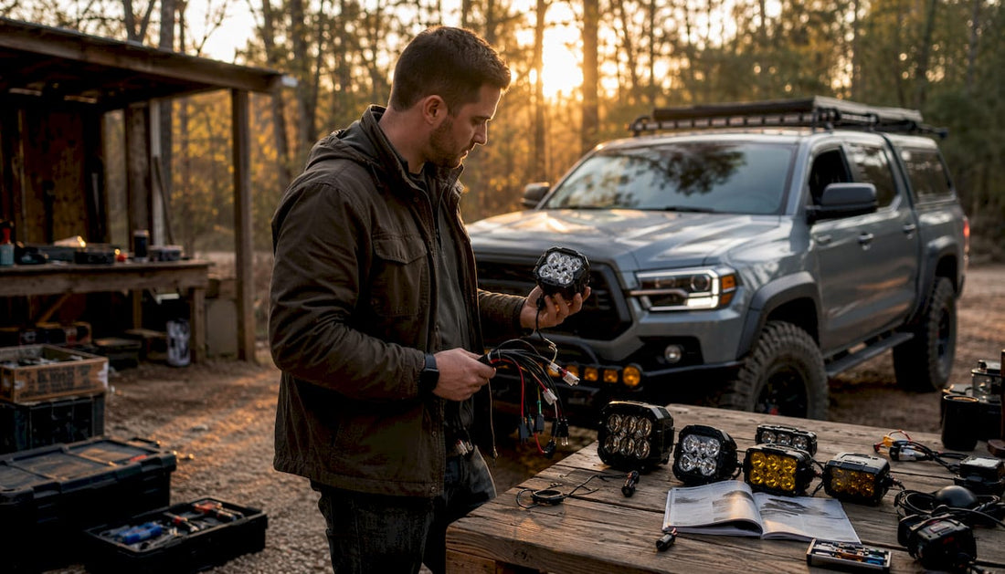 Man examining off-road truck lighting parts in garage
