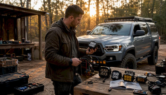 Man examining off-road truck lighting parts in garage