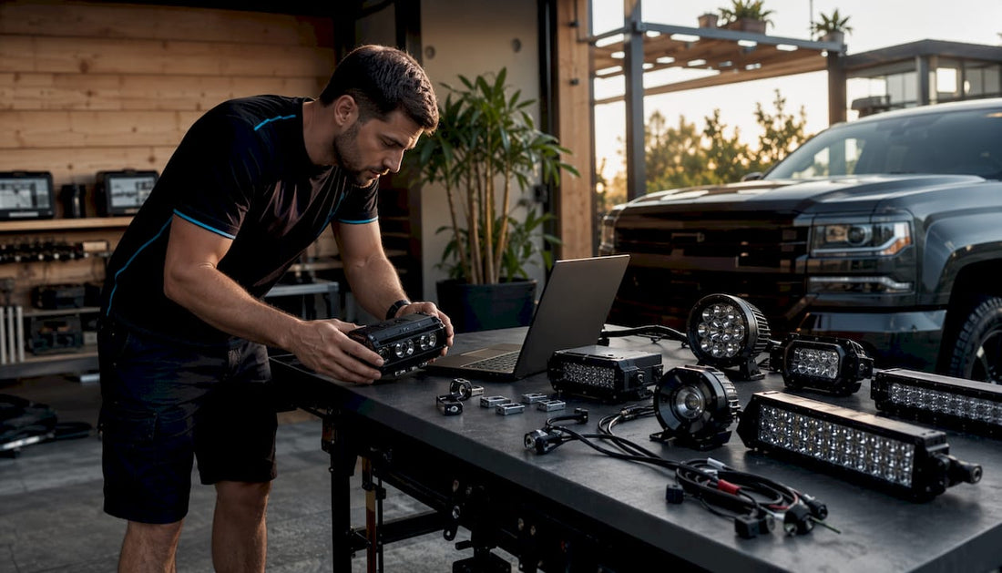 Man examining truck lighting kits on workbench in garage