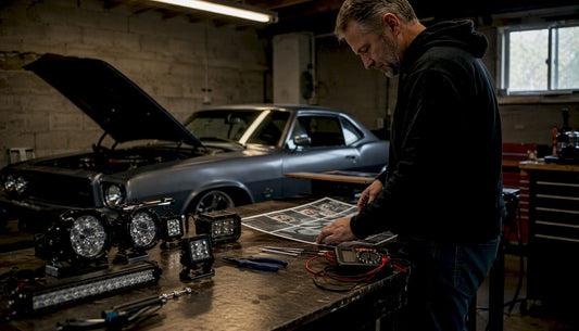 Man comparing vehicle lighting products in garage