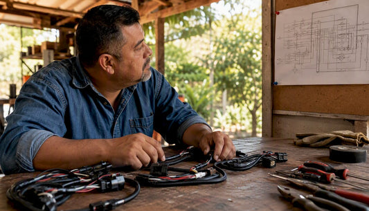 Man examining truck lighting harnesses in garage workshop