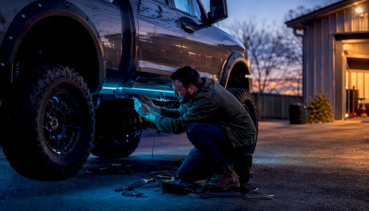 Man installing LED lights on pickup truck underbody