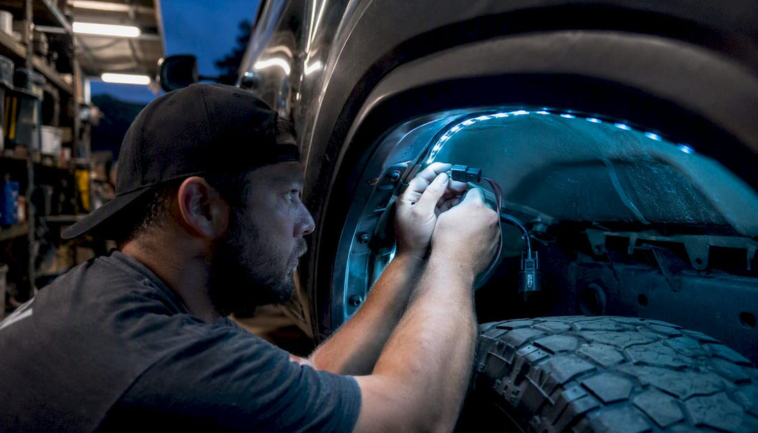 Hands installing LED wire harness on truck wheel arch