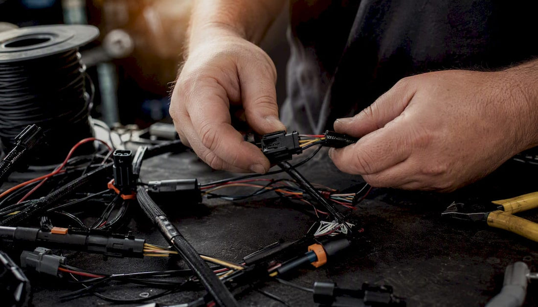 Hands connecting automotive LED wiring harness