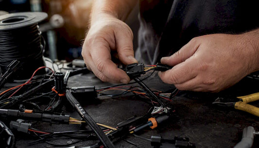 Hands connecting automotive LED wiring harness