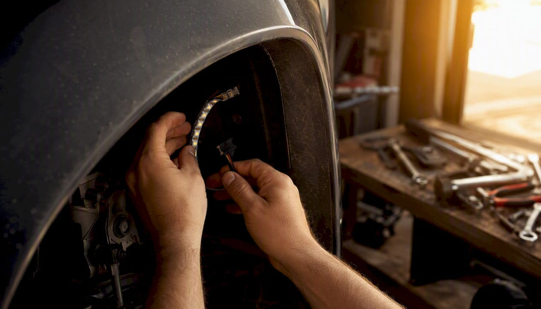 Hands installing LED wheel light strip in truck wheel well