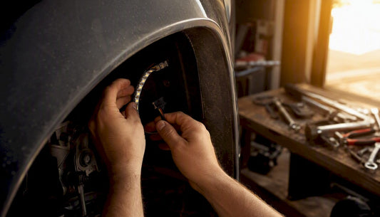 Hands installing LED wheel light strip in truck wheel well