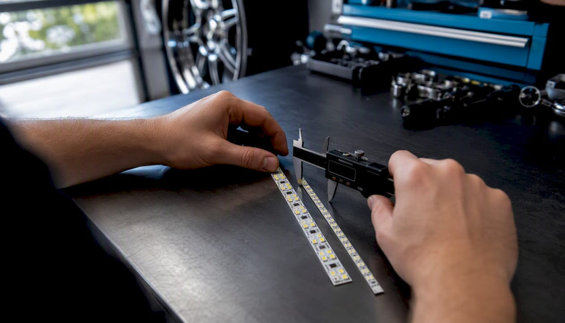 Hands comparing LED strip sizes