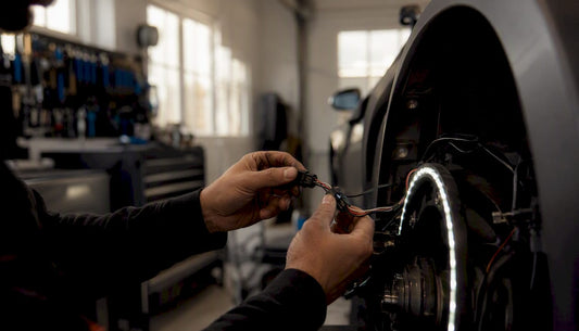 Hands installing automotive wheel light wiring