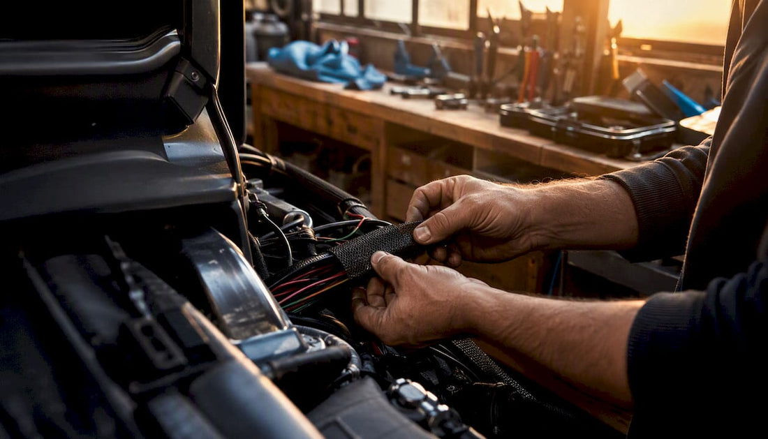 Hands installing braided wiring harness sleeve