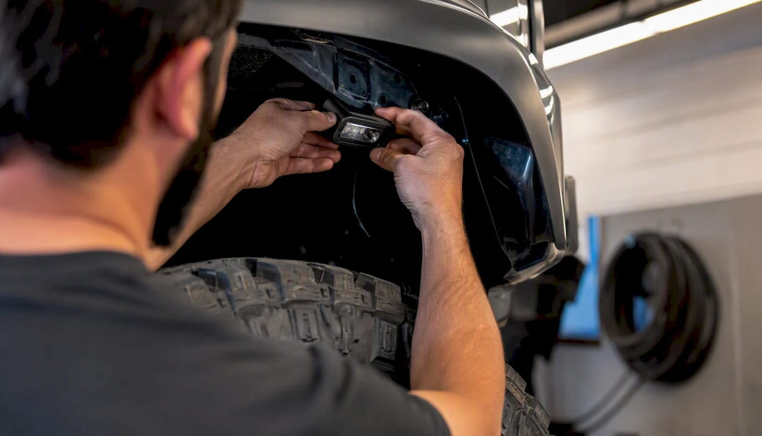 Hands installing aluminum rock light in truck wheel well