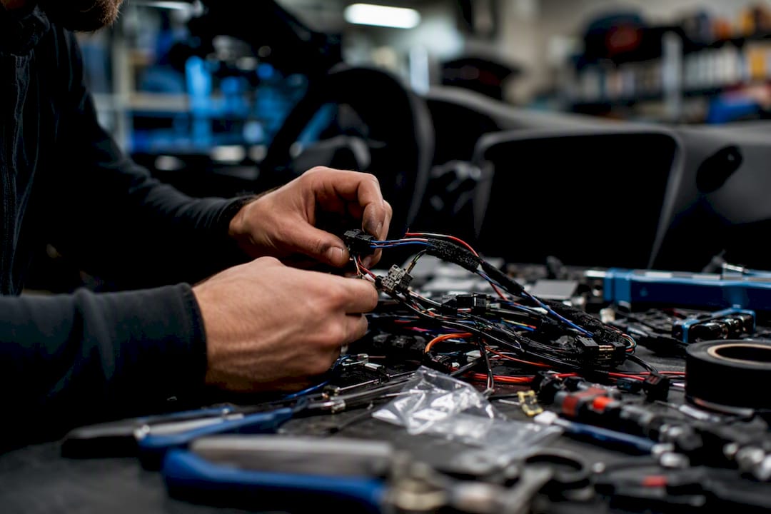 Hands repairing LED wire harness in garage