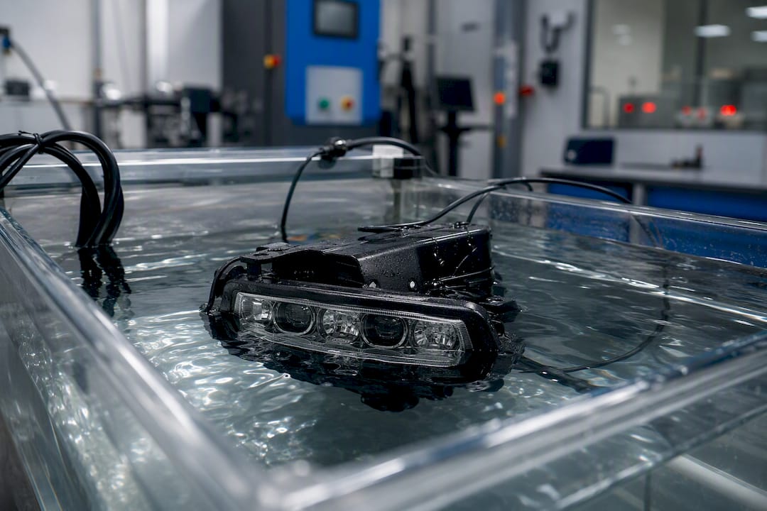 LED vehicle light submerged for waterproof test