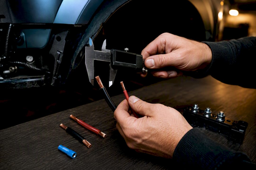 Technician measuring automotive copper wire conductors