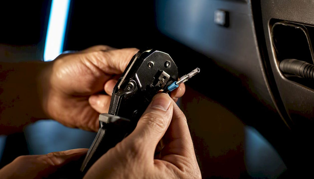 Technician crimping waterproof lighting connector