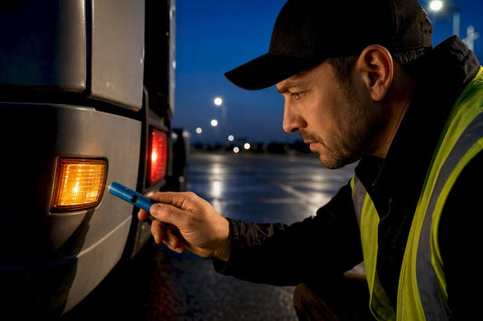 Technician inspecting amber and red marker lights