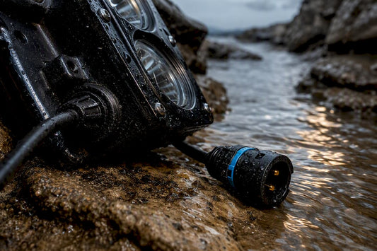 Sealed off-road light beside muddy creek