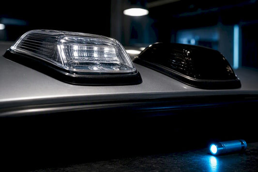 Close-up of smoked and clear cab light lenses