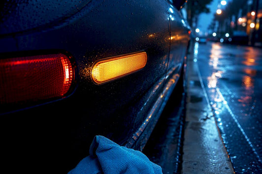 Amber and red side markers glowing at curb