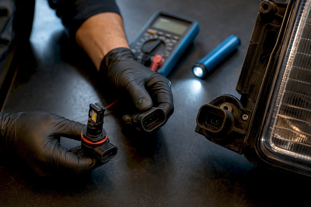Technician inspecting truck LED connector wiring
