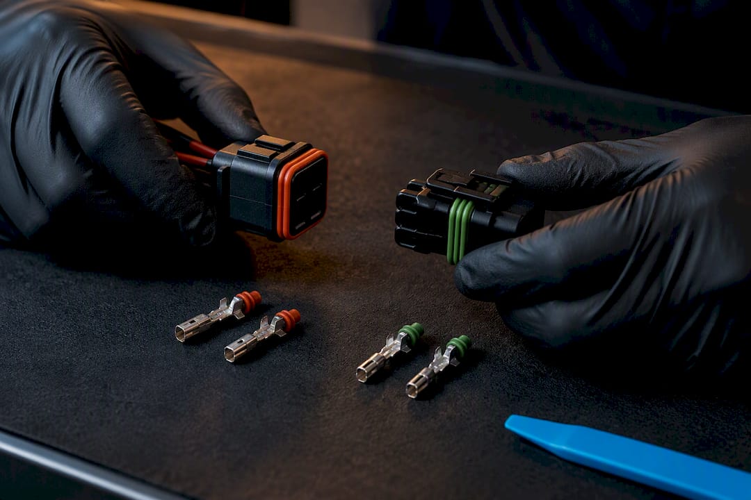 Sealed automotive connectors aligned for comparison