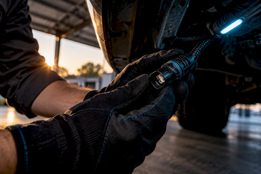 Technician inspecting sealed lighting connector