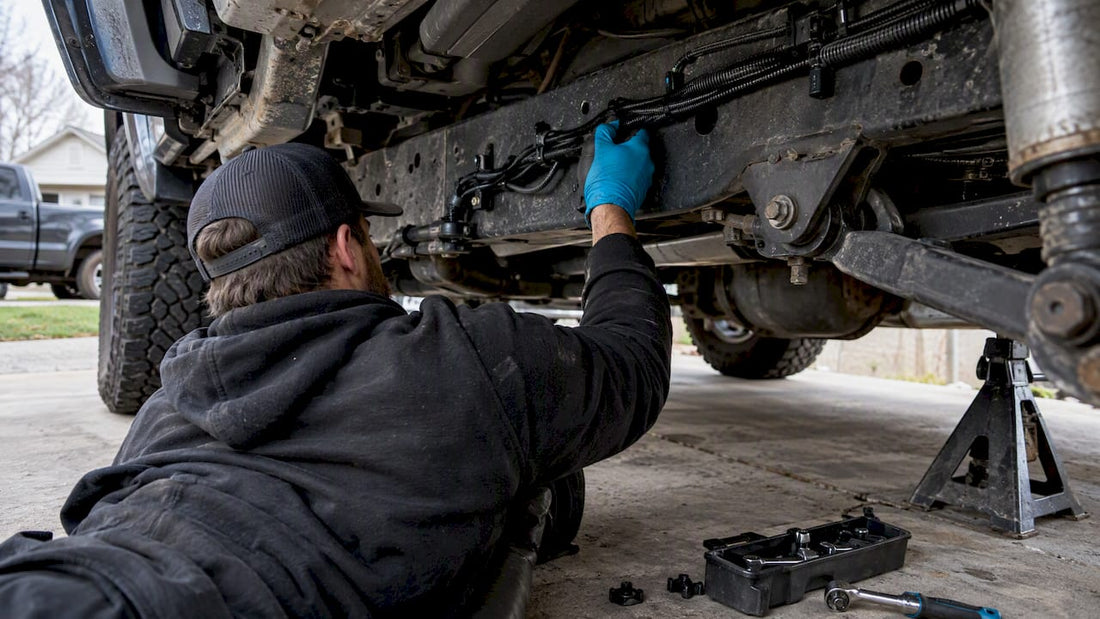 Technician routing harness along truck frame