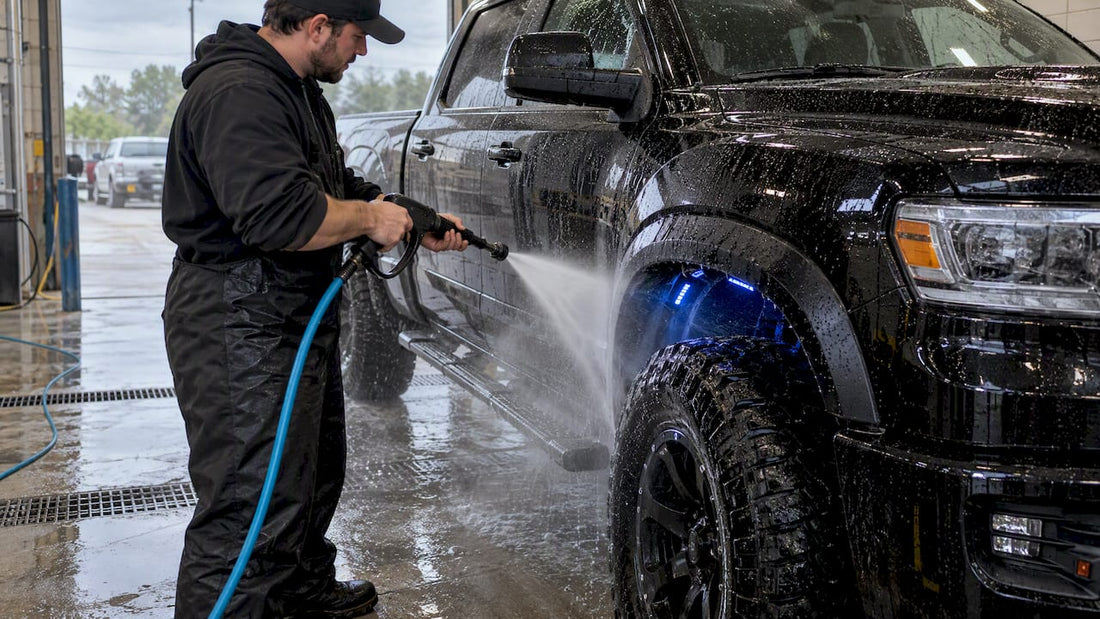 Technician pressure-washing truck LED lighting