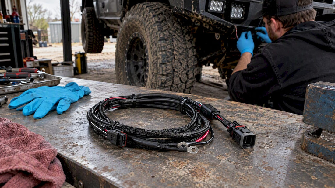 Waterproof wiring harness beside vehicle lighting hardware