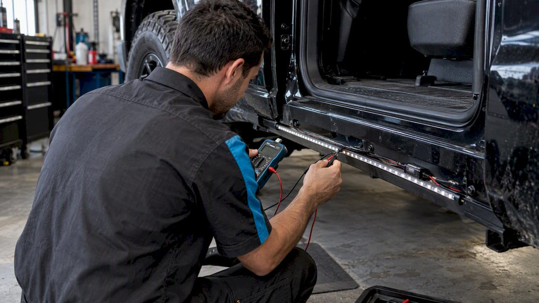 Technician measuring voltage at vehicle LED strip