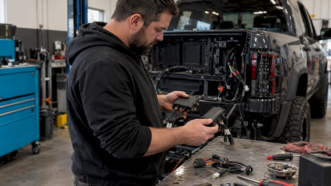 Installer comparing automotive lighting controllers