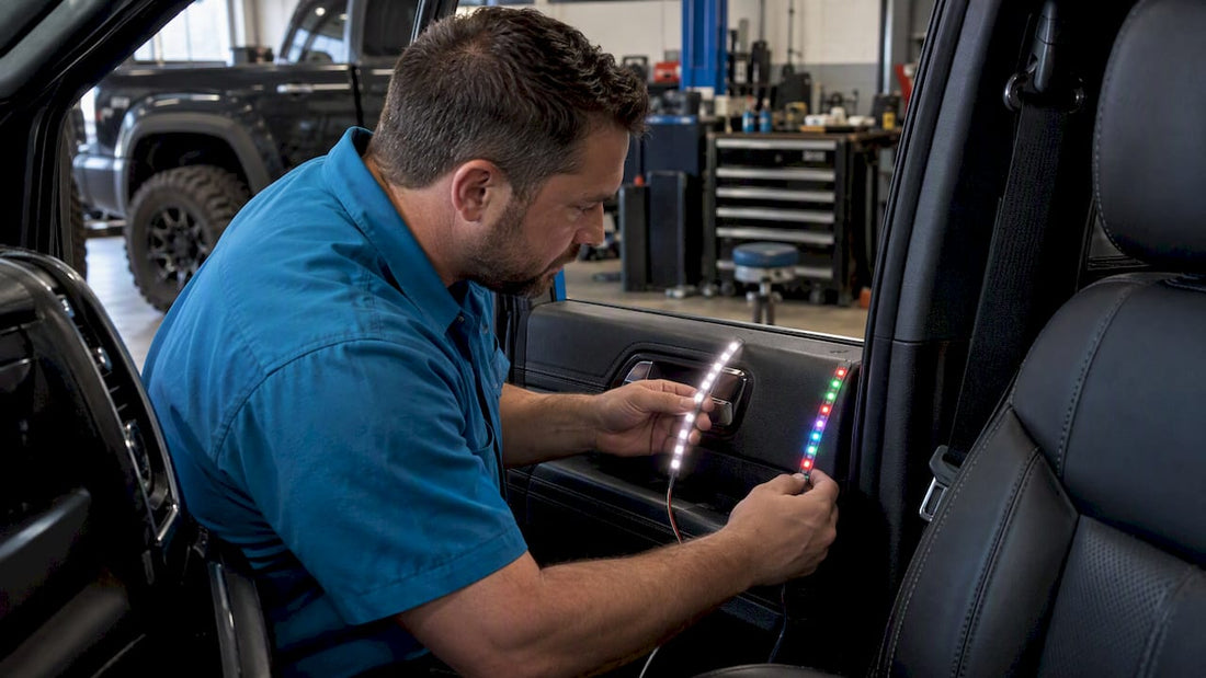 Technician comparing white and multicolor vehicle lights