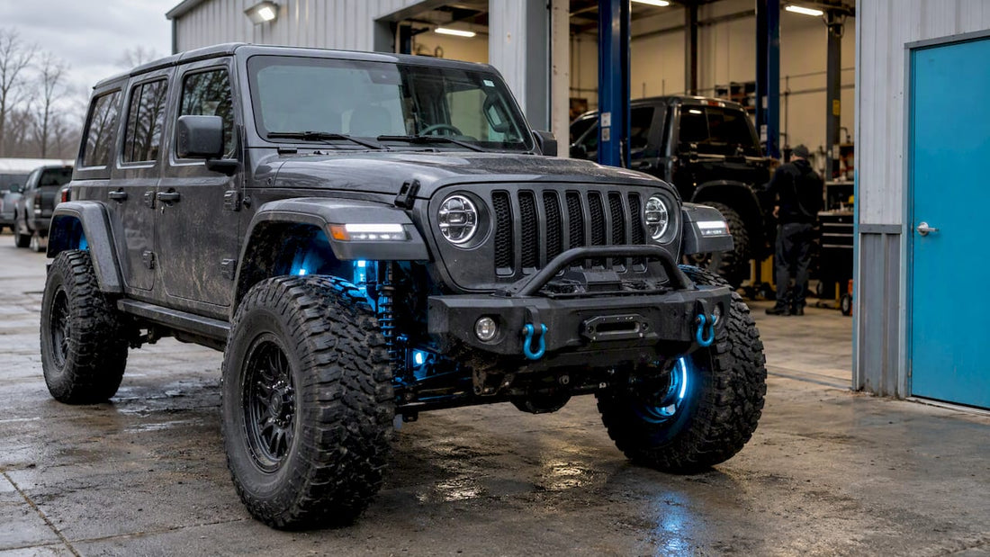 Off-road truck with portal lights installed