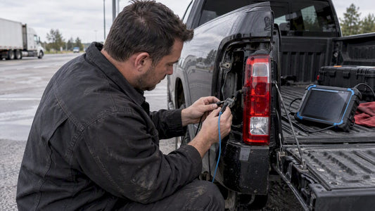 Technician testing a pickup’s LED lamp circuit