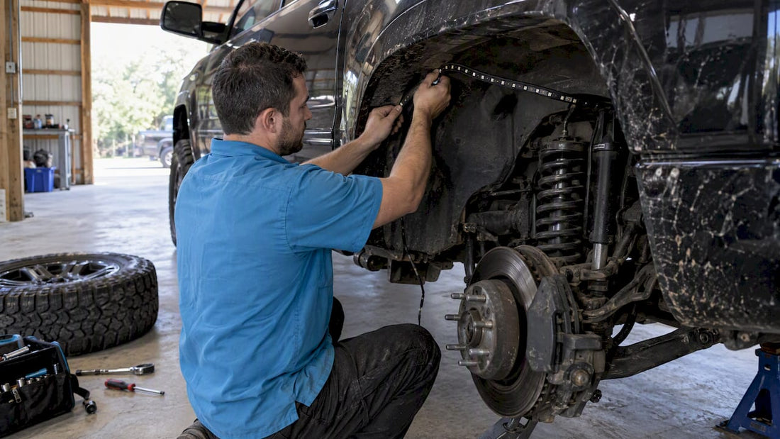 Owner fitting wheel lights on a lifted pickup